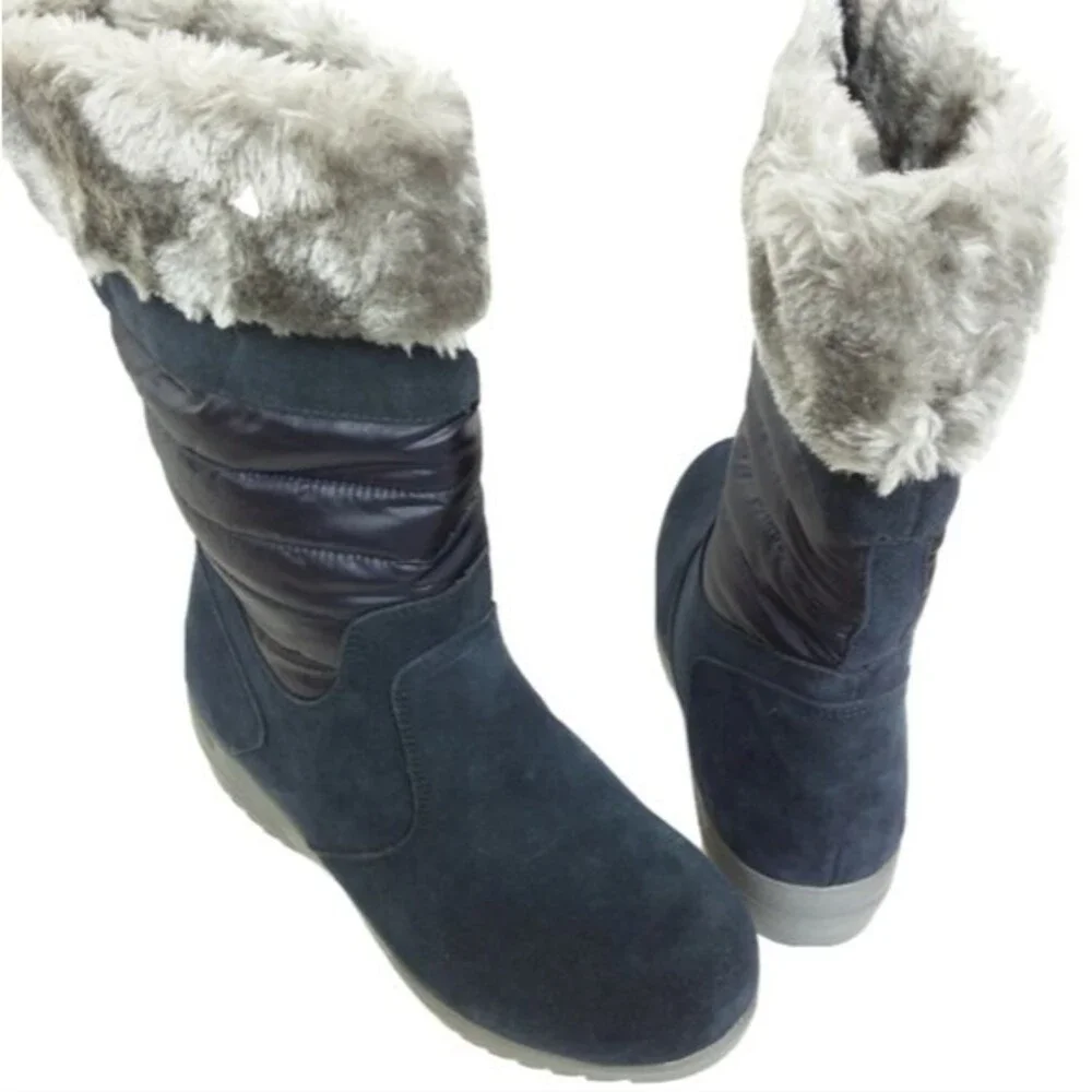 Lands' End Wide Width Faux Fur Topped Boots Pull-on Navy 7.5D
